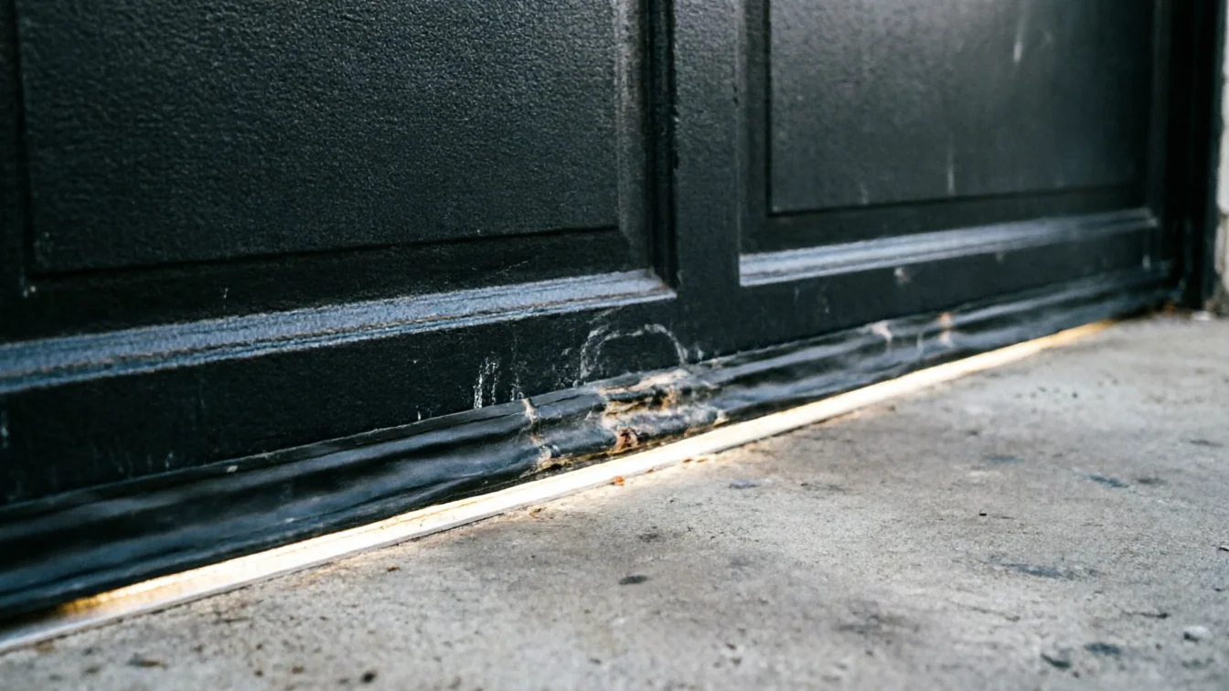 The bottom of a black garage door shows a damaged weather seal and rust.