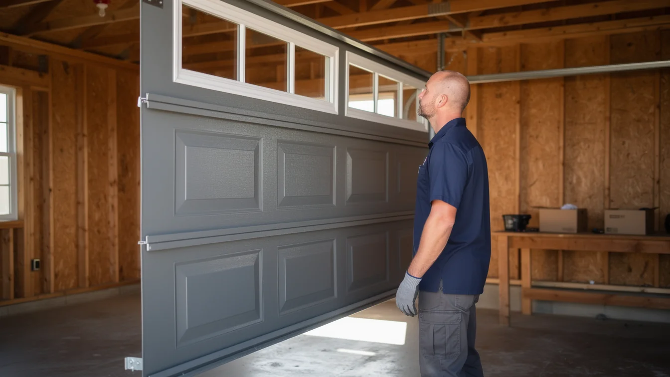 A technician installs a gray garage door with windows in a wooden garage.